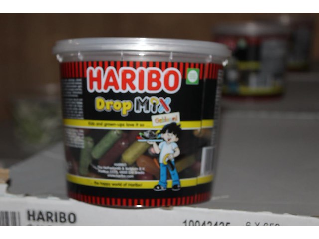 Gekleurde drop mix haribo in 10 overdozen met 6 emmers a650 g. tht 9-2026. - afbeelding 1 van  2