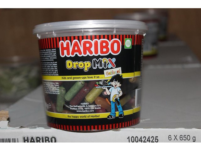 Gekleurde drop mix haribo in 10 overdozen met 6 emmers a650 g. tht 9-2026. - afbeelding 1 van  2