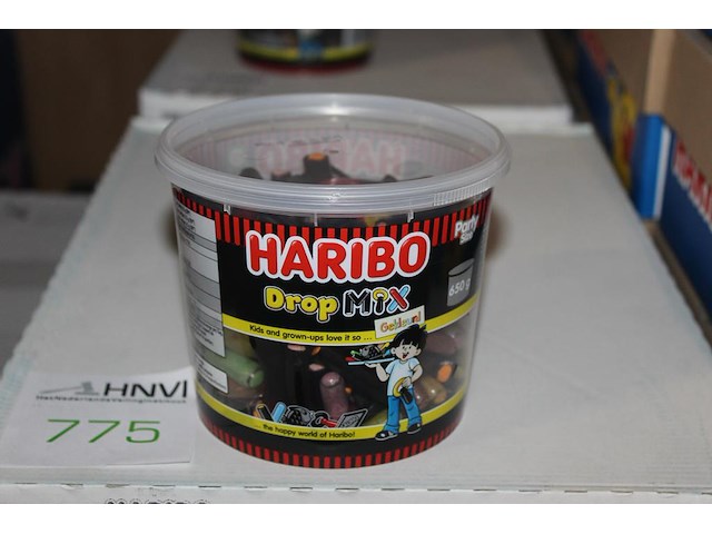 Gekleurde drop mix haribo in 3 overdozen met 6 emmers a650 g. tht 7-2026. - afbeelding 1 van  2