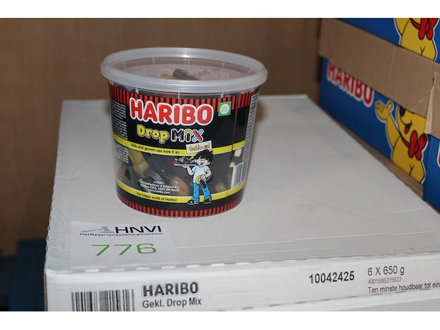 Gekleurde drop mix haribo in 3 overdozen met 6 emmers a650 g. tht 7-2026. - afbeelding 1 van  2