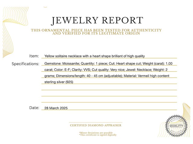 Gele solitair halsketting hartvorm briljant hoge kwaliteit - afbeelding 3 van  7