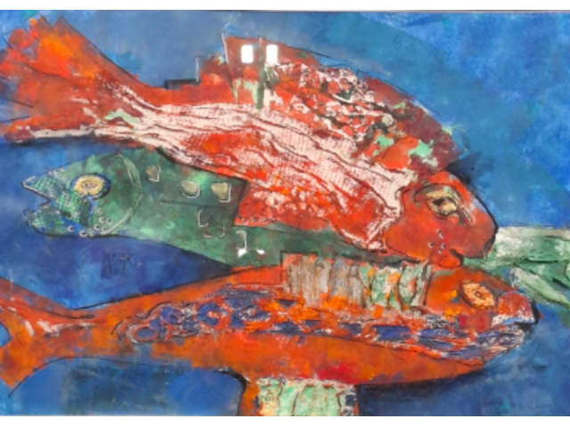 Gemengde techniek, maya wildevuur, vis, 1998 - afbeelding 1 van  8