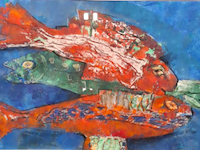 Gemengde techniek, maya wildevuur, vis, 1998