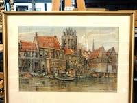 Gemengde techniek sint-laurenskerk in rotterdam, gezien vanuit een noordoostelijke hoek vanaf de verdwenen waterkant bij de karnemelkshaven of de bagijnenstraat. eugène rensburg - afbeelding 2 van  5
