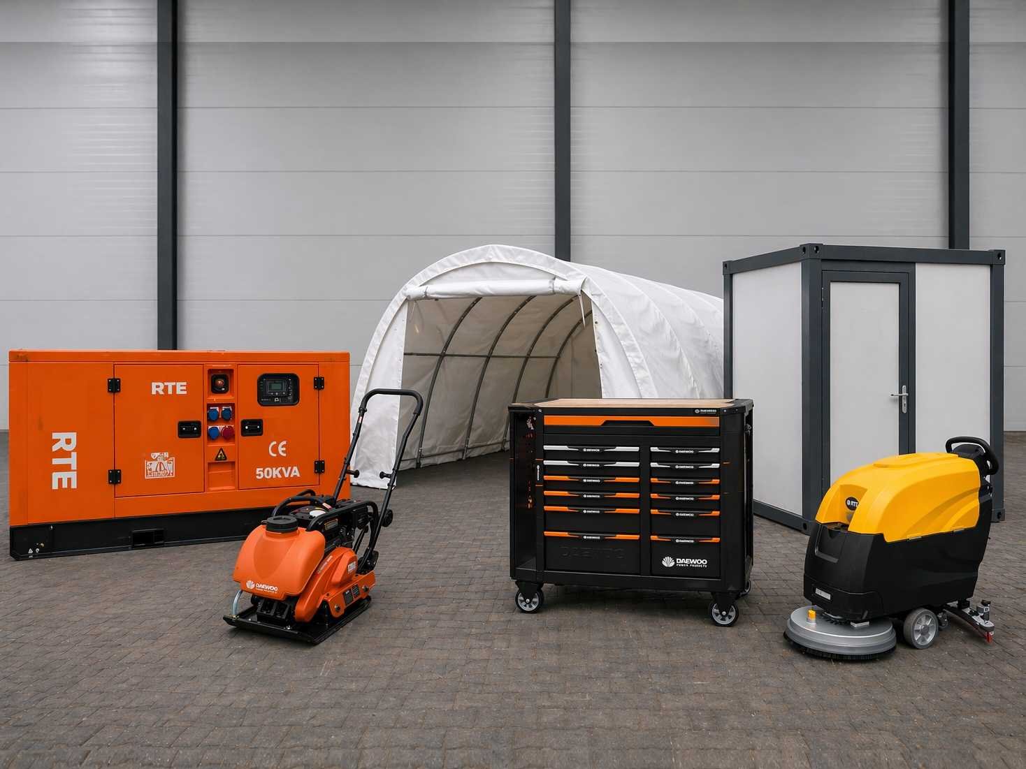 Generatoren, reinigingsmachines graafmachines en zakelijke goederen