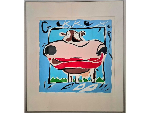 Gerlofsma - zeefdruk - 'gekke koe' - 90 x 80 cm. - afbeelding 2 van  4