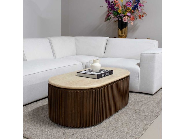 Giga meubel sven ovaal travertin/hout salontafel - afbeelding 2 van  5