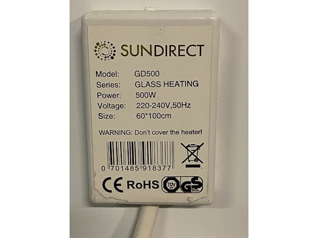 Glazen infraroodpaneelverwarming 500 watt, sun direct, gd500, wit - afbeelding 4 van  6