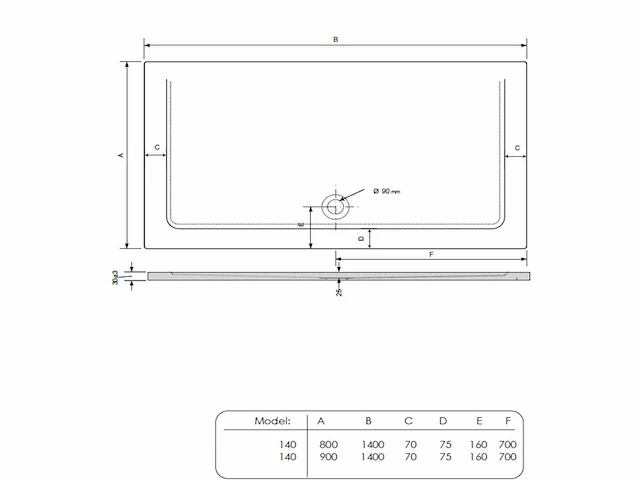Gliss design - uno - douchebak uno rechthoek cast marble mat zwart 140 x 80 cm - afbeelding 1 van  2