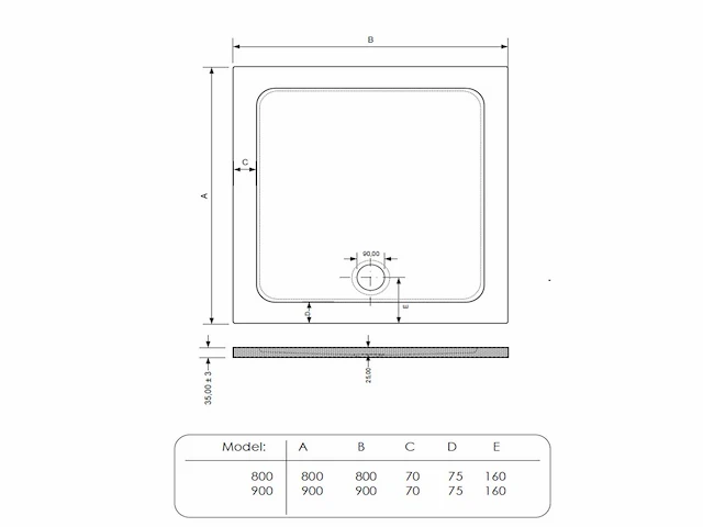 Gliss design - uno - douchebak uno vierkant cast marble mat zwart 80 cm - afbeelding 2 van  3