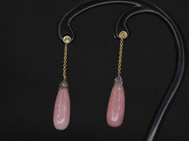 Goud en zilveren oorbellen met diamanten en rozenkwarts - afbeelding 1 van  6