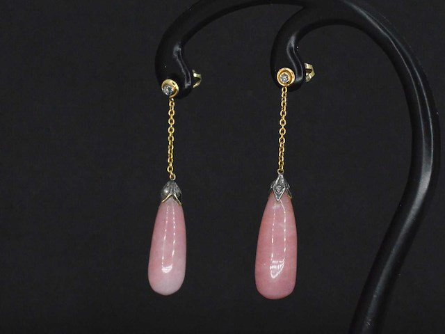 Goud en zilveren oorbellen met diamanten en rozenkwarts - afbeelding 2 van  6