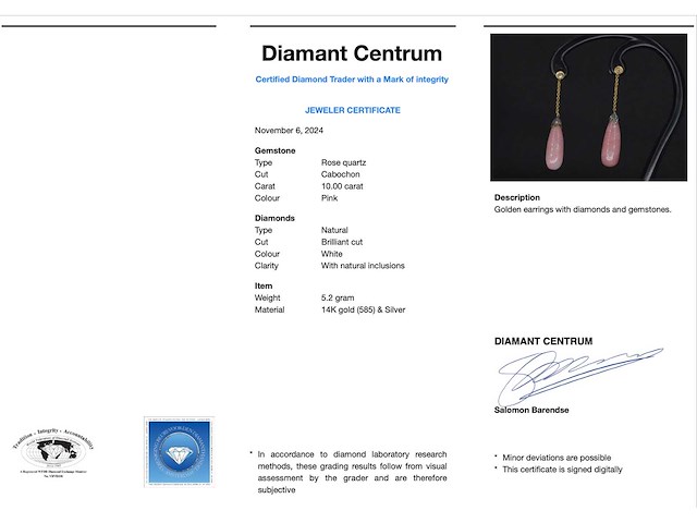 Goud en zilveren oorbellen met diamanten en rozenkwarts - afbeelding 3 van  6