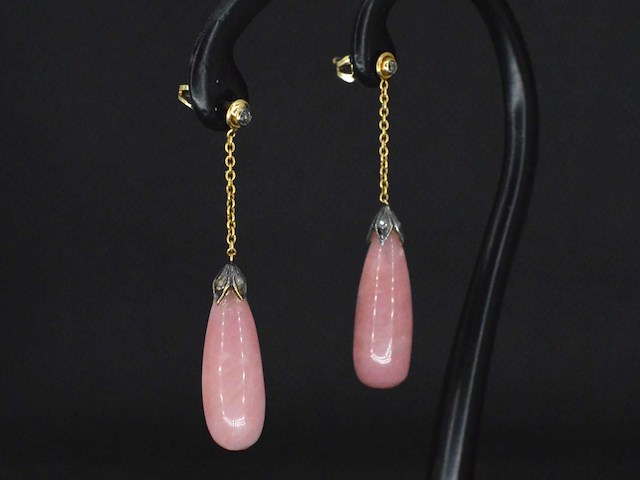 Goud en zilveren oorbellen met diamanten en rozenkwarts - afbeelding 4 van  6