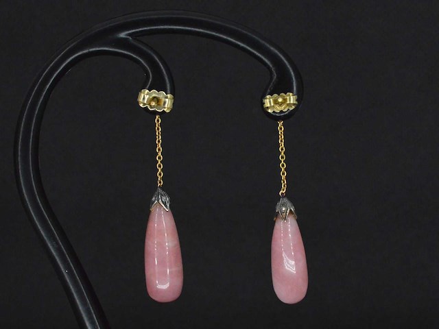 Goud en zilveren oorbellen met diamanten en rozenkwarts - afbeelding 6 van  6