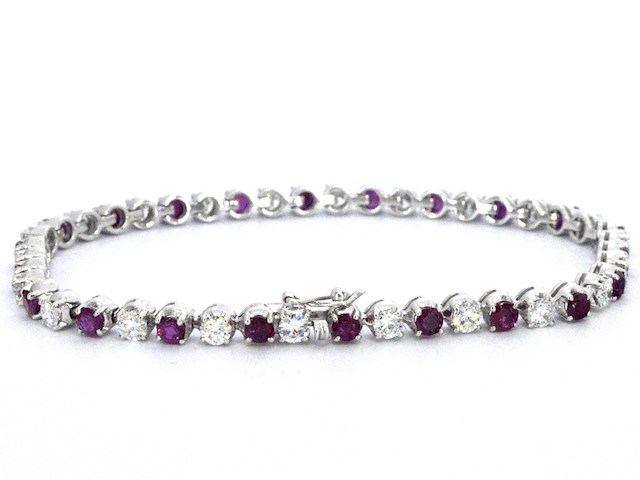 Gouden 18 karaat tennisarmband met natuurlijke diamanten en robijnen - afbeelding 1 van  3