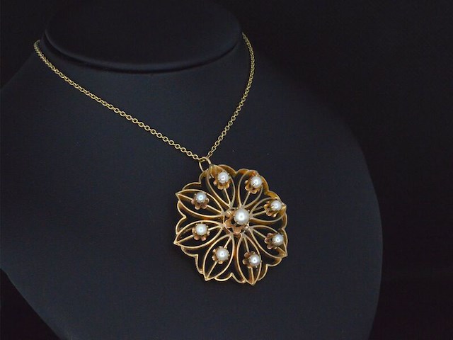 Gouden art nouveau hanger met echte parels, excl. collier - afbeelding 1 van  8