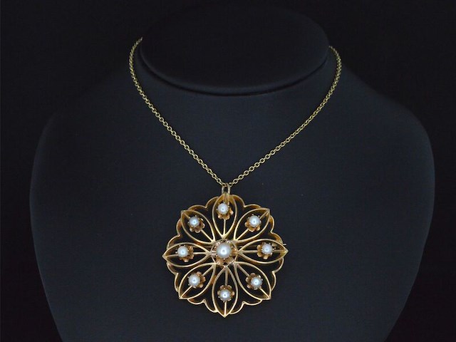 Gouden art nouveau hanger met echte parels, excl. ketting - afbeelding 2 van  4