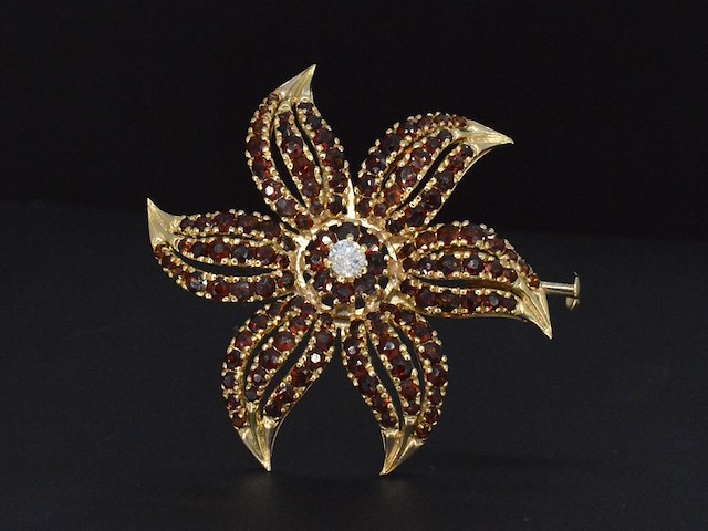 Gouden broche met edelstenen en diamant - afbeelding 1 van  7