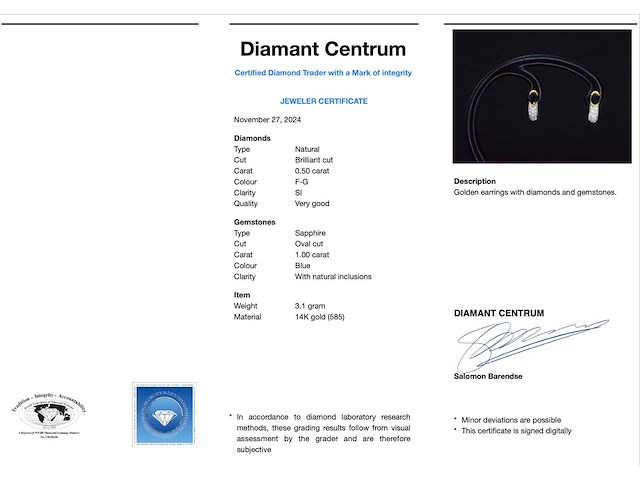 Gouden creolen briljant geslepen natuurlijke diamanten en blauwe saffieren - afbeelding 3 van  7