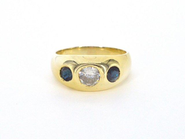 Gouden engelse tiffany model herenring met diamant en saffier - afbeelding 7 van  10