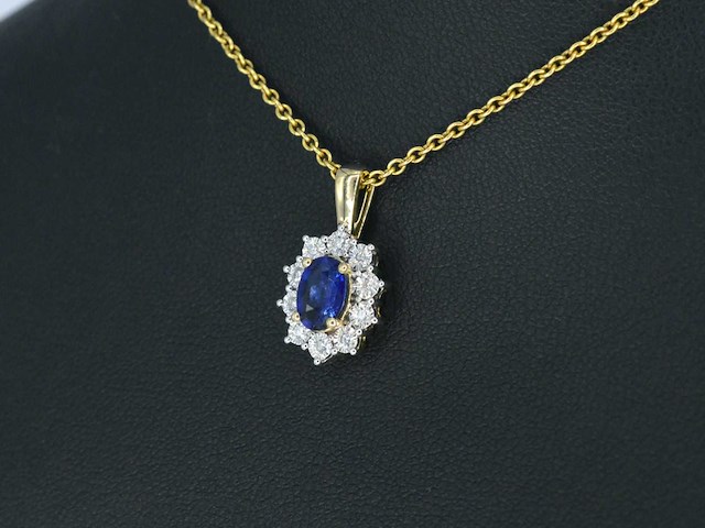 Gouden entourage hanger met diamanten en saffier - afbeelding 4 van  8