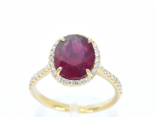 Gouden entourage ring met diamanten en robijn - afbeelding 1 van  9