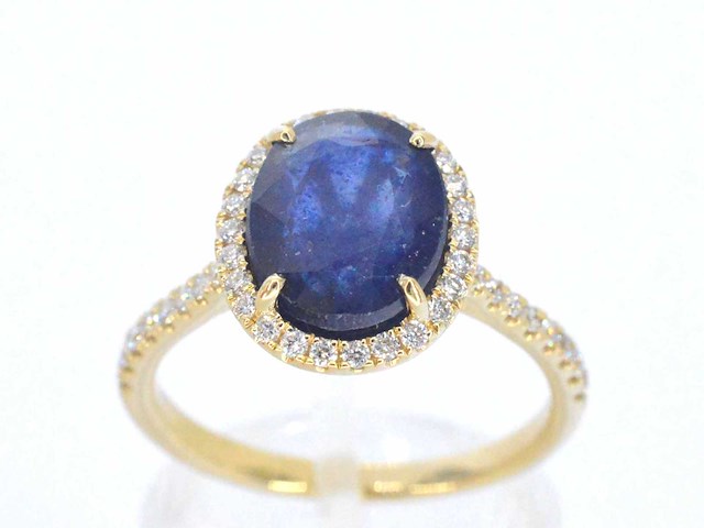 Gouden entourage ring met diamanten en saffier - afbeelding 1 van  6