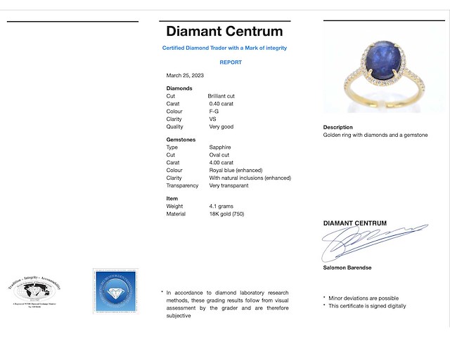Gouden entourage ring met diamanten en saffier - afbeelding 3 van  6