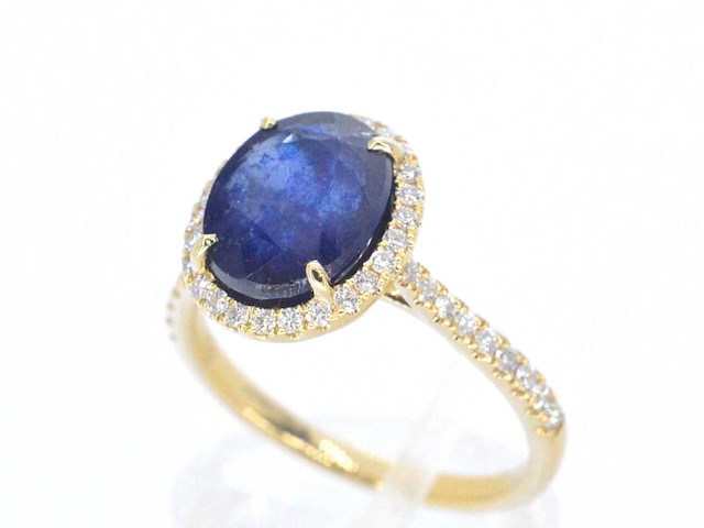 Gouden entourage ring met diamanten en saffier - afbeelding 3 van  6