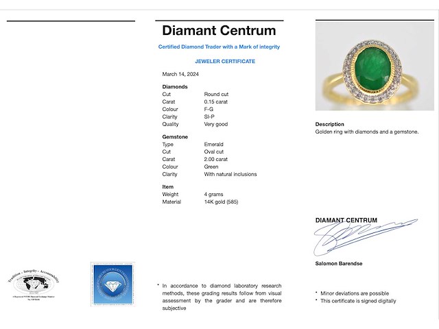 Gouden entourage ring met diamanten en smaragd - afbeelding 3 van  6