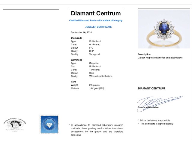 Gouden entourage ring met saffier en briljanten - afbeelding 4 van  10