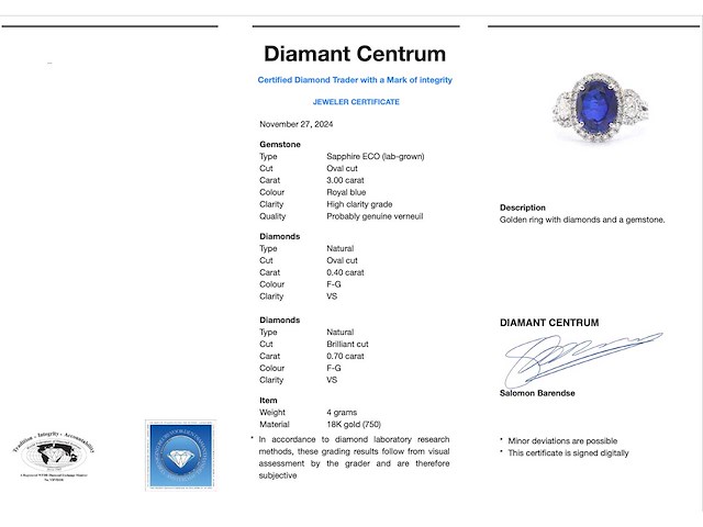 Gouden exclusieve entourage ring met centraal een grote saffier, twee ovaal geslepen diamanten en briljanten - afbeelding 3 van  9