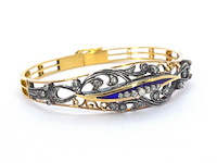 Gouden hand gemaakte armband met roos geslepen diamanten en emaille, zeer vintage - afbeelding 4 van  8