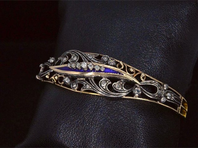 Gouden hand gemaakte armband met roos geslepen diamanten en emaille, zeer vintage - afbeelding 5 van  8