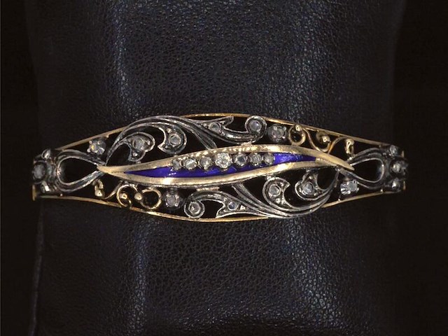 Gouden hand gemaakte armband met roos geslepen diamanten en emaille, zeer vintage - afbeelding 6 van  8
