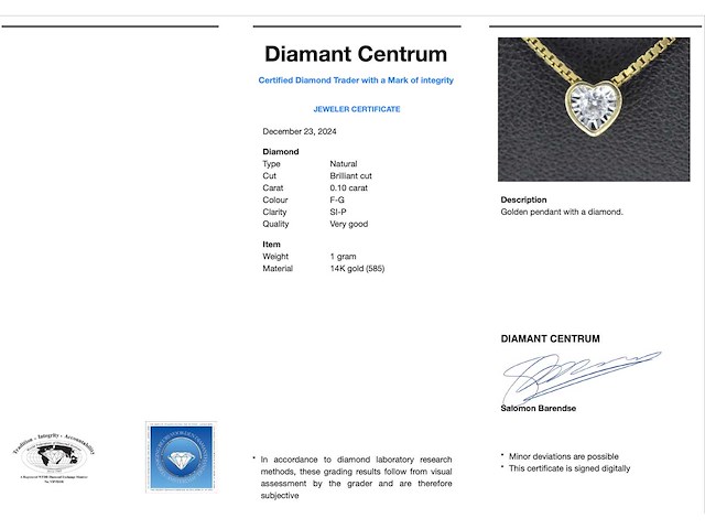 Gouden hanger met briljant geslepen diamant in hartvorm - afbeelding 2 van  2