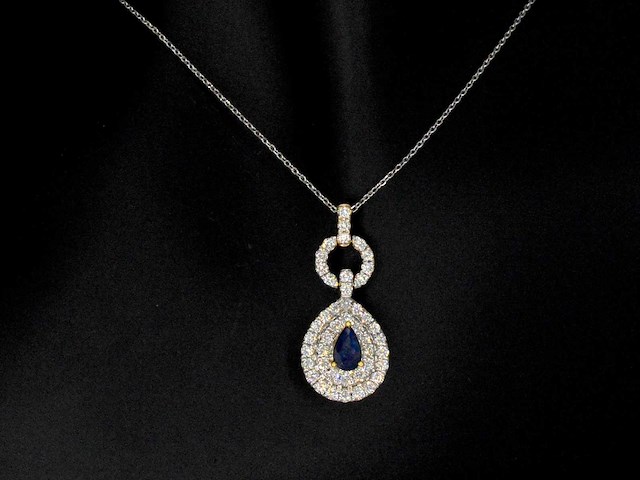 Gouden hanger met diamanten en een saffier in druppelvorm - afbeelding 2 van  8