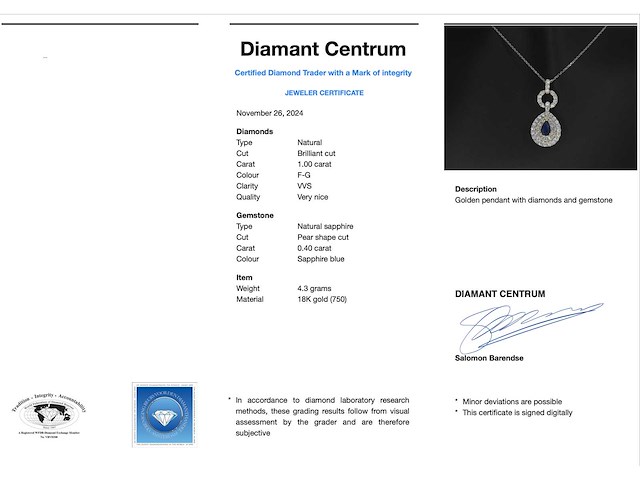 Gouden hanger met diamanten en een saffier in druppelvorm - afbeelding 3 van  8
