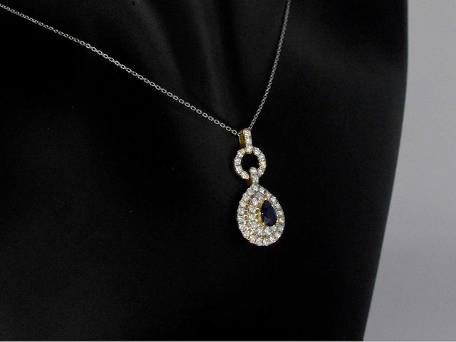 Gouden hanger met diamanten en een saffier in druppelvorm - afbeelding 5 van  8