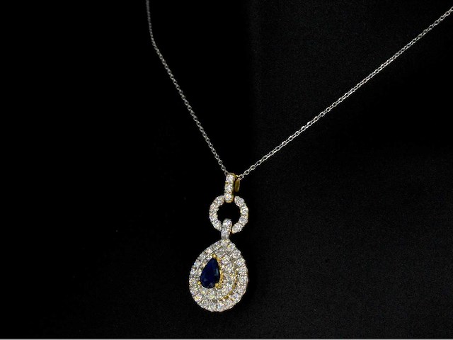 Gouden hanger met diamanten en een saffier in druppelvorm - afbeelding 6 van  8
