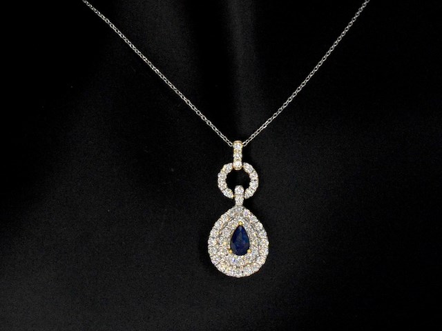 Gouden hanger met diamanten en een saffier in druppelvorm - afbeelding 2 van  9