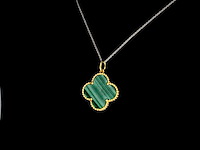 Gouden klaver vier hanger met groene malachiet, excl. ketting