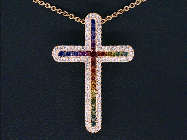 Gouden kruishanger met diamanten en edelstenen, excl. ketting - afbeelding 1 van  8