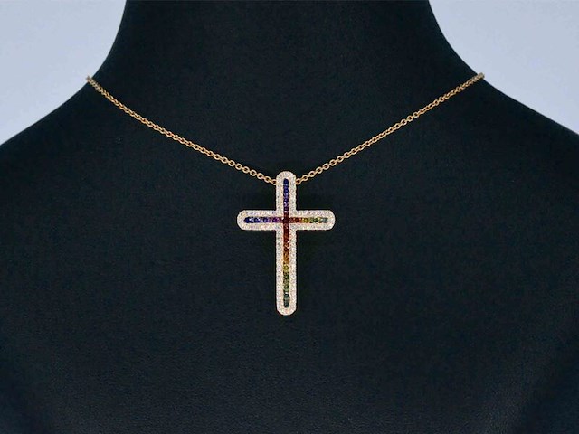 Gouden kruishanger met diamanten en edelstenen, excl. ketting - afbeelding 2 van  8