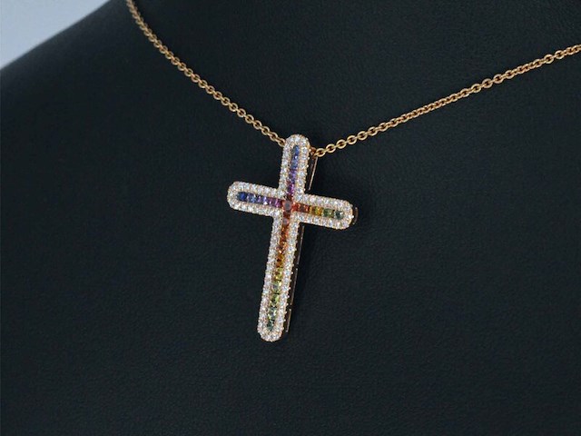 Gouden kruishanger met diamanten en edelstenen, excl. ketting - afbeelding 3 van  8