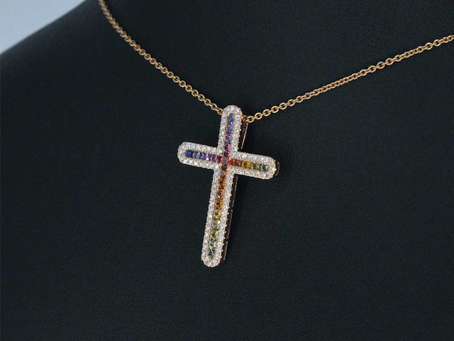 Gouden kruishanger met diamanten en edelstenen - afbeelding 4 van  7