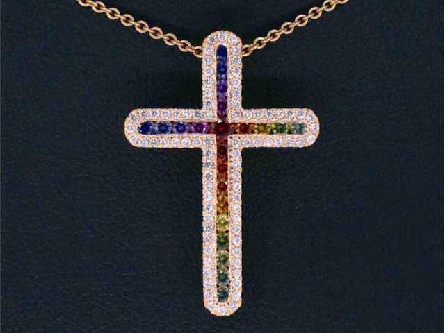 Gouden kruishanger met natuurlijke diamanten en edelstenen, excl. ketting - afbeelding 1 van  8