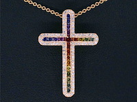 Gouden kruishanger met natuurlijke diamanten en edelstenen, excl. ketting