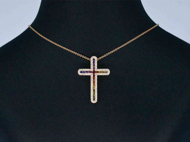 Gouden kruishanger met natuurlijke diamanten en edelstenen, excl. ketting - afbeelding 2 van  8